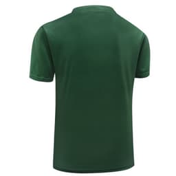 A green polo shirt with a plain back and short sleeves, featuring a logo on the upper back.