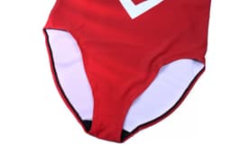 A red swimming one-piece with a smooth texture and a white logo, featuring a high-cut leg design.