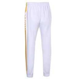 White cricket uniform pants for women with yellow side stripes and an elastic waistband. Features a small logo.