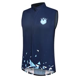 A sleeveless, navy blue waterproof vest with a geometric design and a logo on the chest.