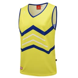 A singlet featuring a bright yellow base with blue zigzag patterns and white detailing. It has a logo on the neckline.