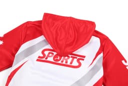 A red and white hoodie with a hood and a logo, featuring sporty design elements.