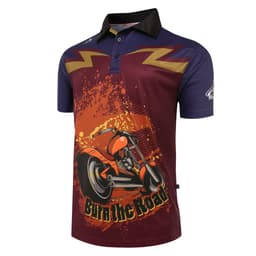 A motorcycle-themed polo shirt featuring orange and maroon colours with a vibrant graphic design. It has a logo.