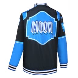 A reversible varsity jacket featuring a blue and black design, with a prominent logo on the back.
