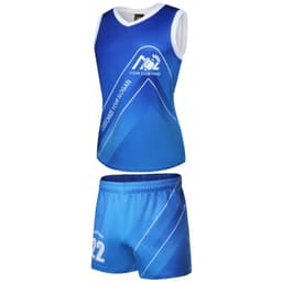A blue sports uniform featuring a sleeveless jersey and matching shorts, with a logo included.