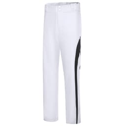 White baseball training pants with a black side stripe. The pants feature a branding logo on the waistband.