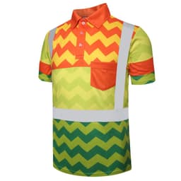 A short-sleeved polo shirt in vibrant green, yellow, and orange with reflective strips and a pocket.
