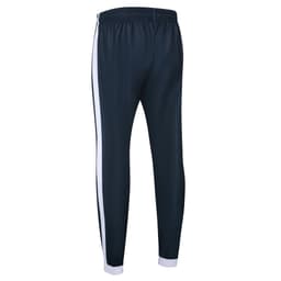 Navy cricket uniform pants with white side stripes and a comfortable elasticated waistband. Features a branded logo.