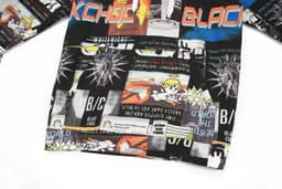 A hoodie featuring a colourful, graphic print with various designs and text, including a logo.