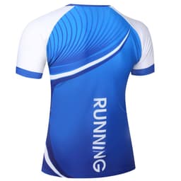 A blue and white athletic t-shirt featuring a swirl design and a logo on the back.