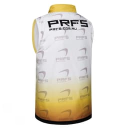 A sleeveless coat with a gradient yellow and white design, featuring a logo on the back.