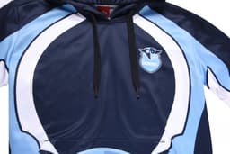 A navy and light blue hoodie featuring a logo, with a drawstring hood and a sporty design.