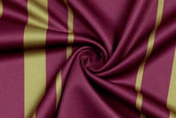 A maroon fabric with gold stripes, featuring a smooth texture and a swirling pattern.