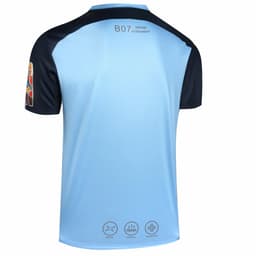 A blue and black softball team wear t-shirt featuring a logo on the sleeve.