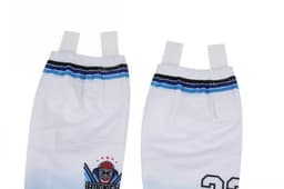 Ice hockey socks in white, featuring blue stripes and a logo, with adjustable straps at the top.