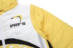 A puffer coat featuring detachable sleeves and hood, predominantly yellow with black and white accents, and a logo.