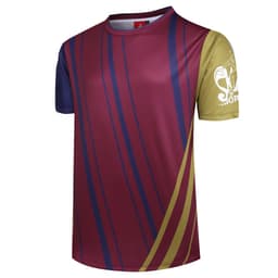 A vibrant maroon and blue skateboard-themed T-shirt with a yellow sleeve and a logo on the front.