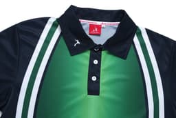 A polo shirt featuring a green and black design with white stripes and a collar. It includes a logo on the front.