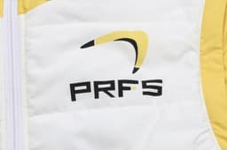 A white coat with removable sleeves and hood, featuring yellow accents and a logo.