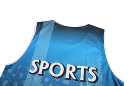 A sleeveless blue sports uniform featuring a gradient design and a logo on the back.