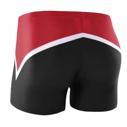 A pair of athletic shorts featuring a red, white, and black design, with a sleek fit. It has a logo.
