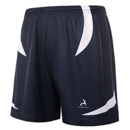 A pair of navy shorts featuring white design elements and a logo.