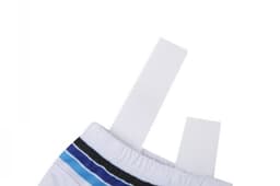 A pair of ice hockey socks in white with blue and black stripes, featuring two white tabs on the top.
