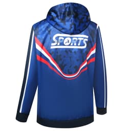 A blue hoodie featuring a camouflage pattern, with red and white stripes and a logo on the back.