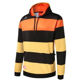 A striped hoodie in black, orange, and yellow, featuring a kangaroo pocket and a logo on the chest.