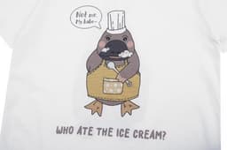 A white cotton t-shirt featuring a cartoon platypus wearing a chef's hat and apron, with the text "Who ate the ice cream?"