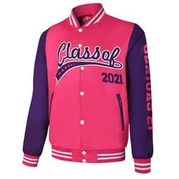 A varsity jacket in pink and purple with "Class of 2021" featured prominently. It has a logo on it.