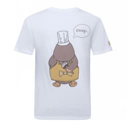A white cotton t-shirt featuring a cartoon platypus wearing a chef's hat and apron with a speech bubble.