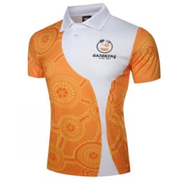 A vibrant orange and white polo shirt featuring a circular dot pattern and a logo on the chest.