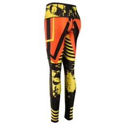 Full custom-made leggings in vibrant orange, black, and yellow with abstract patterns. Features a logo.