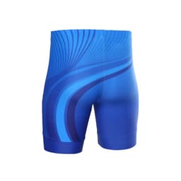 Blue shorts with a wave pattern, featuring a fitted design and a logo on the waistband.