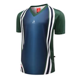 A polo shirt in green and navy with a sporty design, featuring striped accents and a logo on the front.