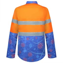 A cotton Hawaiian shirt featuring orange reflective stripes and a blue patterned fabric on the sleeves and back.