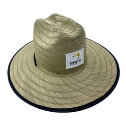 A tan sublimated bucket hat with a wide brim and a logo on the front. It features a textured pattern.
