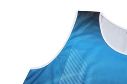 A sports uniform featuring a vibrant blue design and a white trim, showcasing breathable mesh fabric.