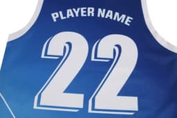 A sports jersey featuring a gradient of blue colours with a large white number 22 and a placeholder for a player's name.