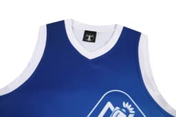 A blue AFL singlet featuring a white collar and a logo.