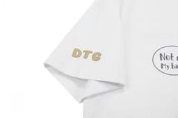 A white cotton t-shirt featuring a logo on the sleeve and a graphic print on the front.