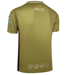 A green and maroon shirt with short sleeves, featuring an emblem and various logos on the back.