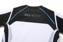 A black and white swimming instructor uniform featuring blue accents, designed for anti-chlorine protection.