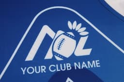 A blue sports jersey featuring an emblem and a placeholder for a club name.