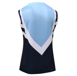 A sleeveless touch football vest in light blue and navy, featuring a distinctive chevron design on the back.