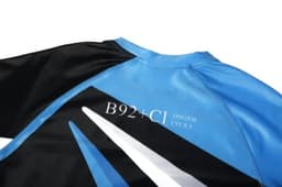 A sports uniform featuring a black and blue design, made from anti-chlorine Lycra, with a logo displayed.