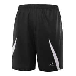 Black basketball shorts featuring white accents and a branding logo.