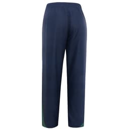 Navy pants with a contrasting green detail and elastic waistband, featuring a logo.