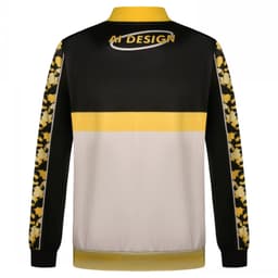 A black, white, and yellow jacket featuring a logo and patterned sleeves.